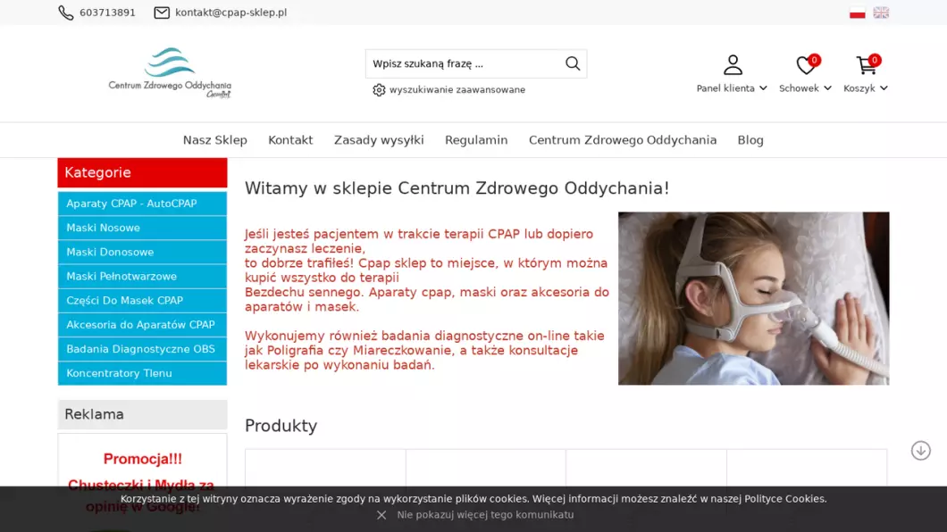 Zrzut ekranu strony internetowej firmy Sklep z przyrządami do CPAP - Centrum Zdrowego Oddychania