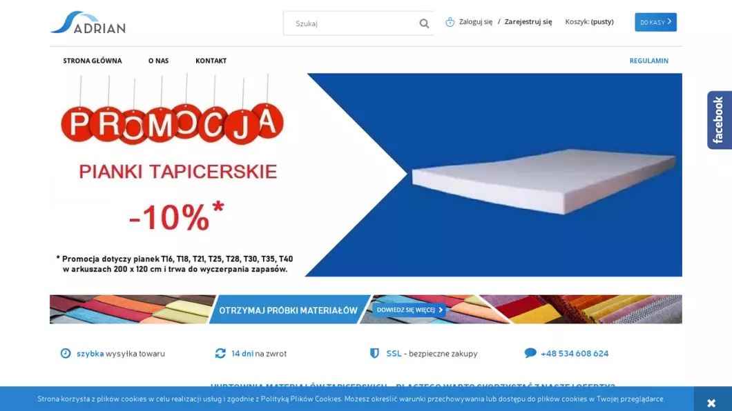 Zrzut ekranu strony internetowej firmy Hurtownia materiałów tapicerskich | Adrian