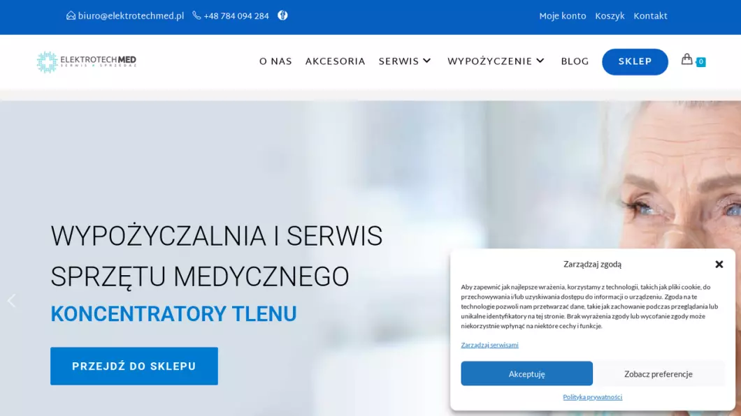 Zrzut ekranu strony internetowej firmy Elektrotechmed - Koncentratory tlenu