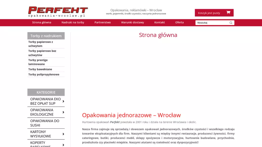 Zrzut ekranu strony internetowej firmy Perfekt - Opakowania jednorazowe Wrocław