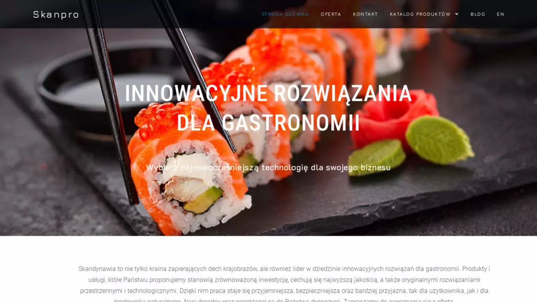 Zrzut ekranu strony internetowej firmy Skandynawskie wyposażenie gastronomiczne Skanpro