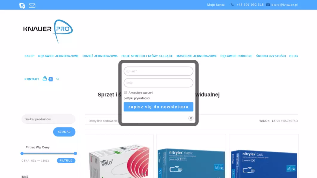 Zrzut ekranu strony internetowej firmy Środki ochrony osobistej Knauer Pro