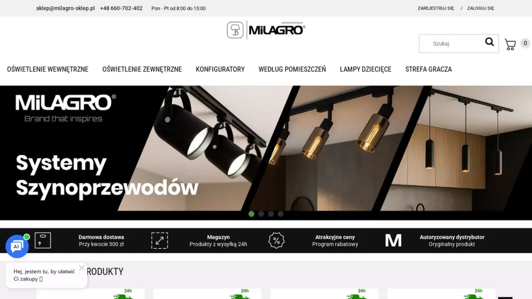 Zrzut ekranu strony internetowej firmy Sklep z oświetleniem Milagro