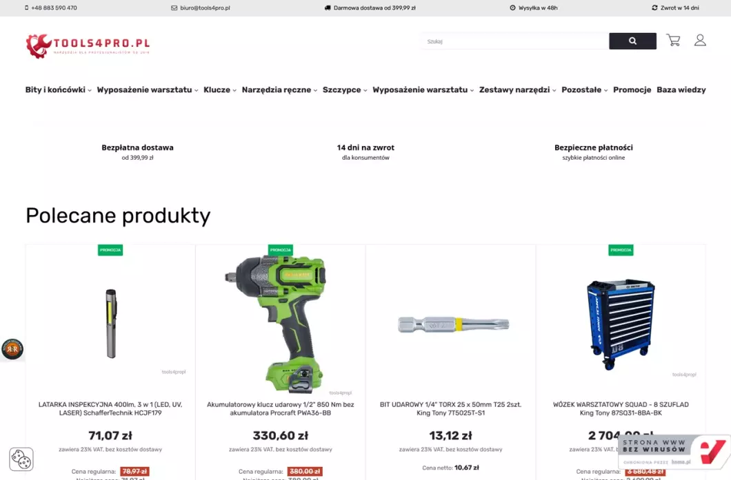 Zrzut ekranu strony internetowej firmy Sklep z narzędziami warsztatowymi tools4pro.pl