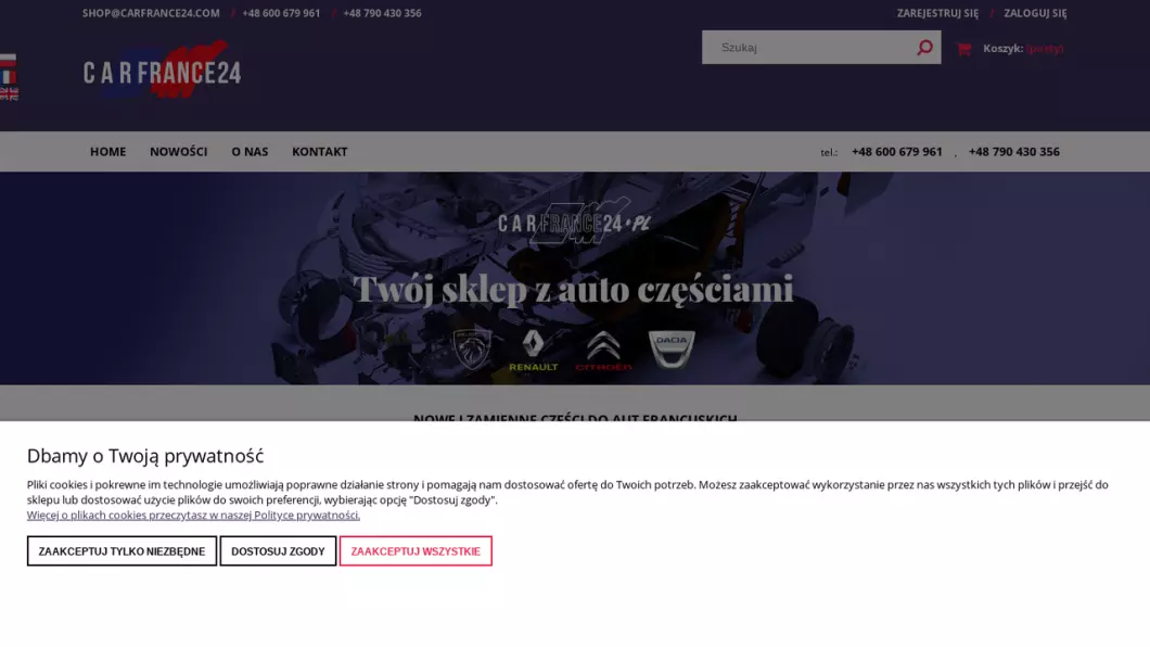 Zrzut ekranu strony internetowej firmy Sklep z częściami do samochodów francuskich Carfrance24