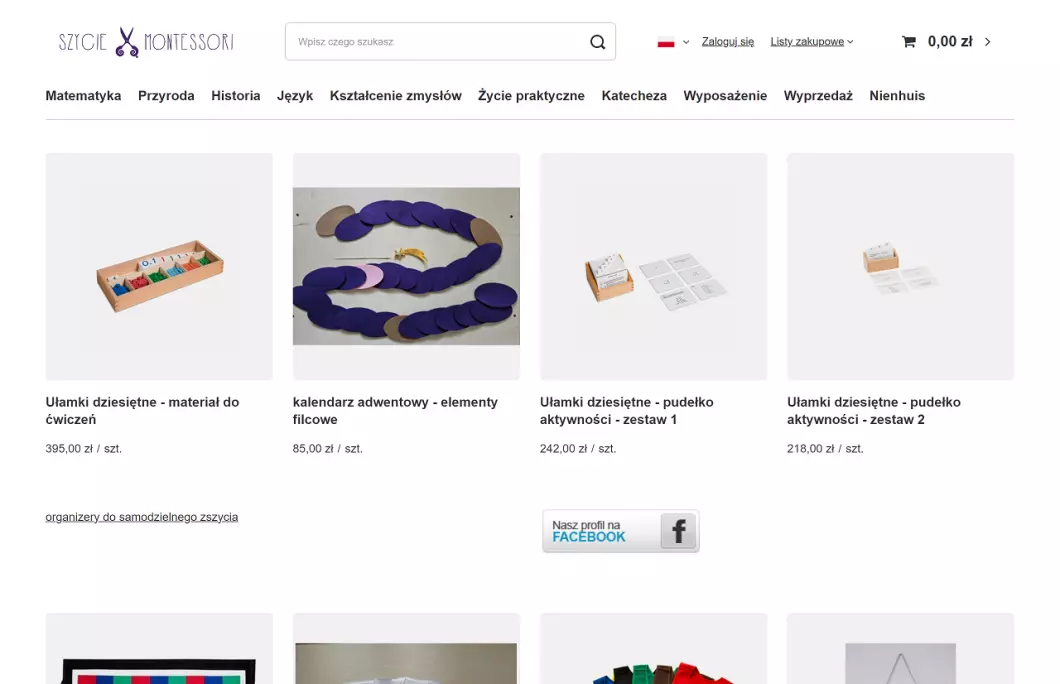 Zrzut ekranu strony internetowej firmy Pomoce dydaktyczne Montessori - Szycie Montessori