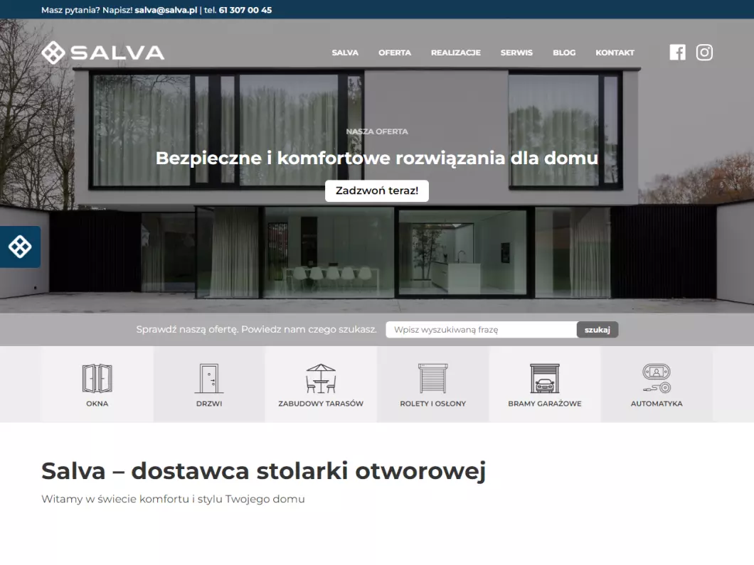 Zrzut ekranu strony internetowej firmy Salva - dostawca stolarki otworowej