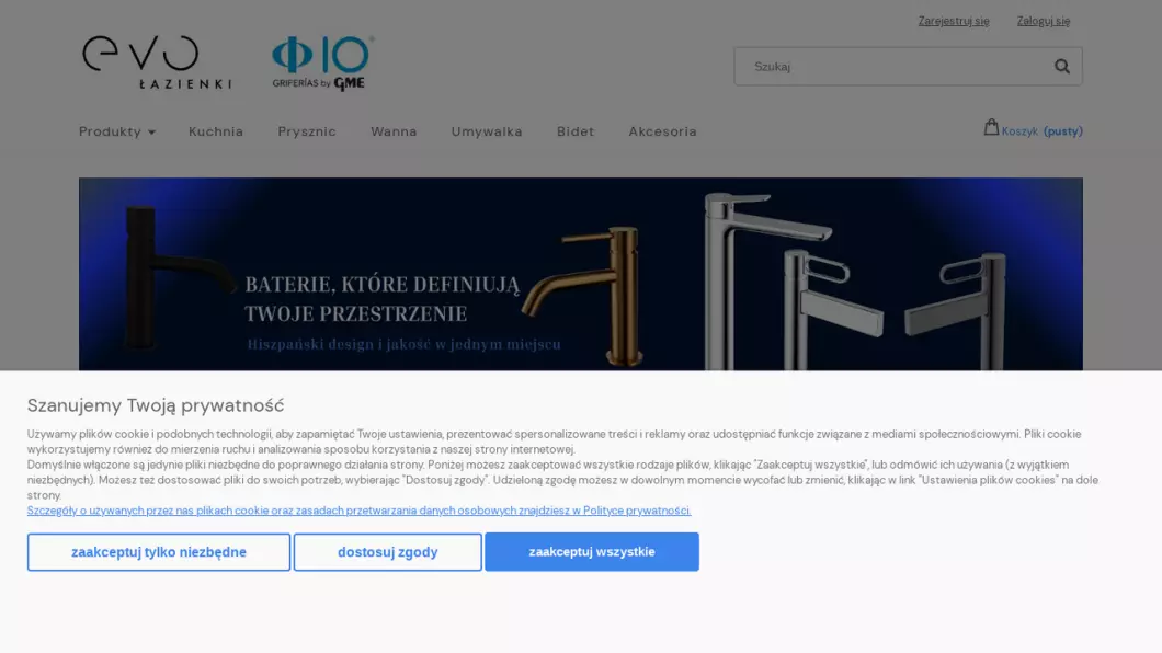 Zrzut ekranu strony internetowej firmy Armatura łazienkowa | Sklep internetowy evolazienki.pl