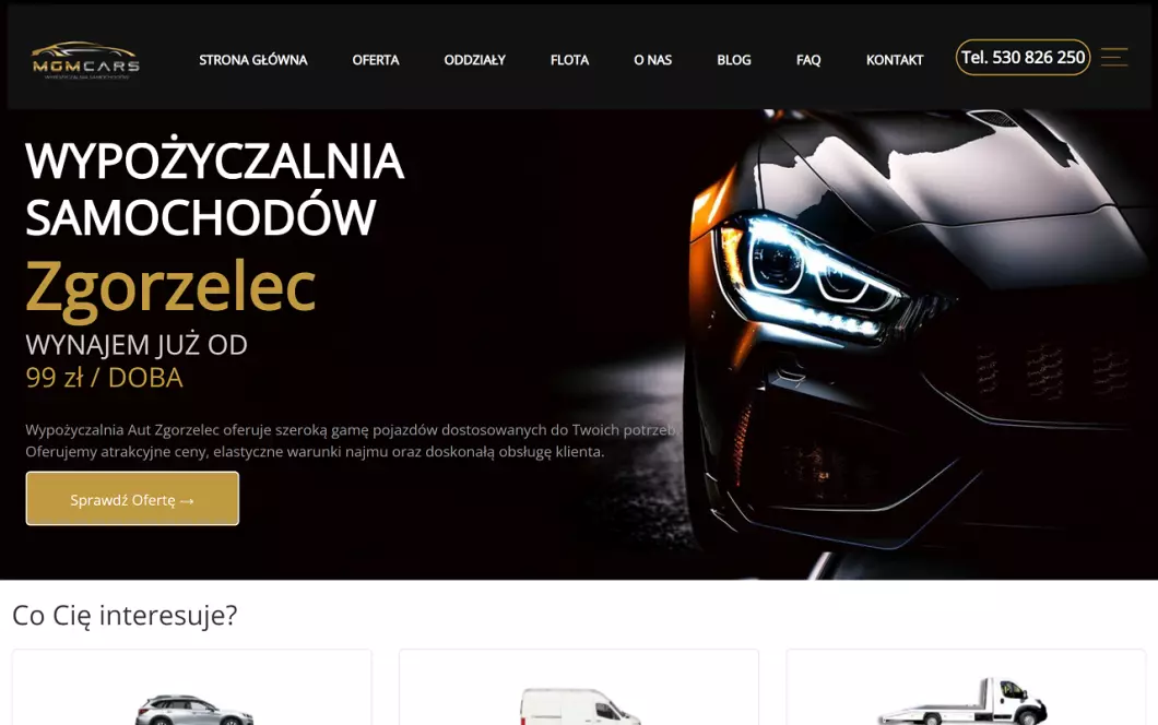 Zrzut ekranu strony internetowej firmy MGMcars Wypożyczalnia samochodów Zgorzelec