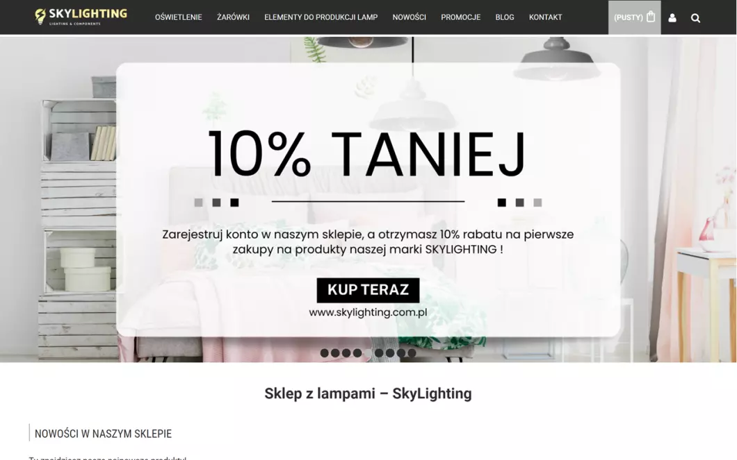 Zrzut ekranu strony internetowej firmy Skylighting sklep z lampami