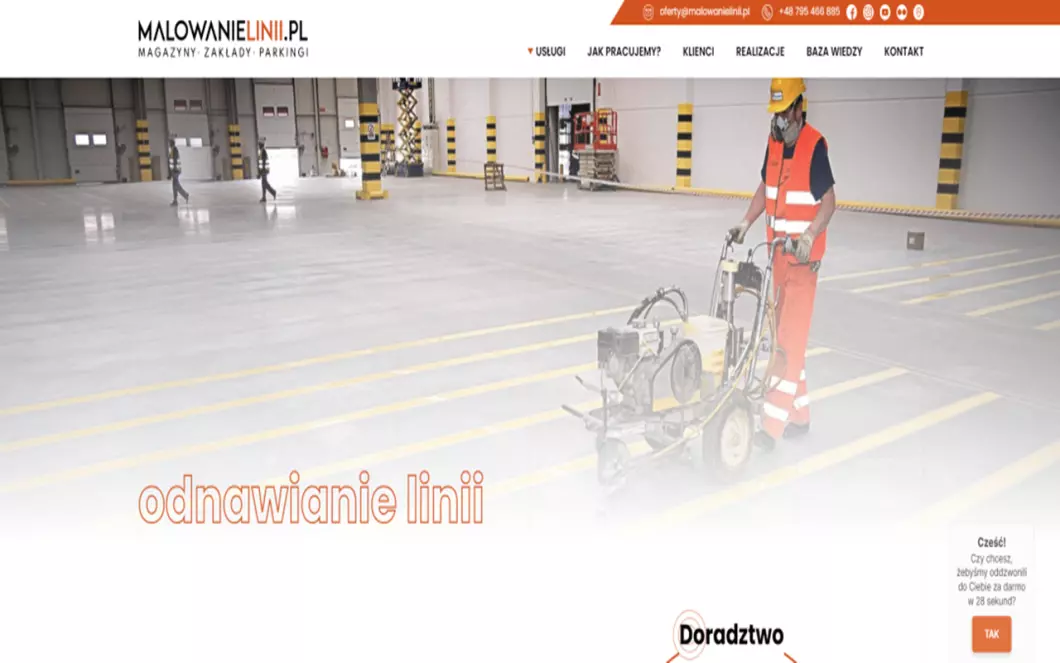 Zrzut ekranu strony internetowej firmy MalowanieLinii.pl - Malowanie linii na halach, drogach i parkingach