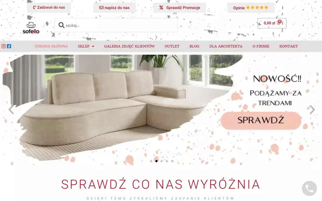 Zrzut ekranu strony internetowej firmy Sklep meblowy Sofello
