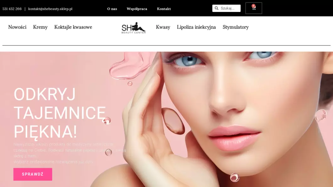 Zrzut ekranu strony internetowej firmy Produkty do medycyny estetycznej SheBeauty