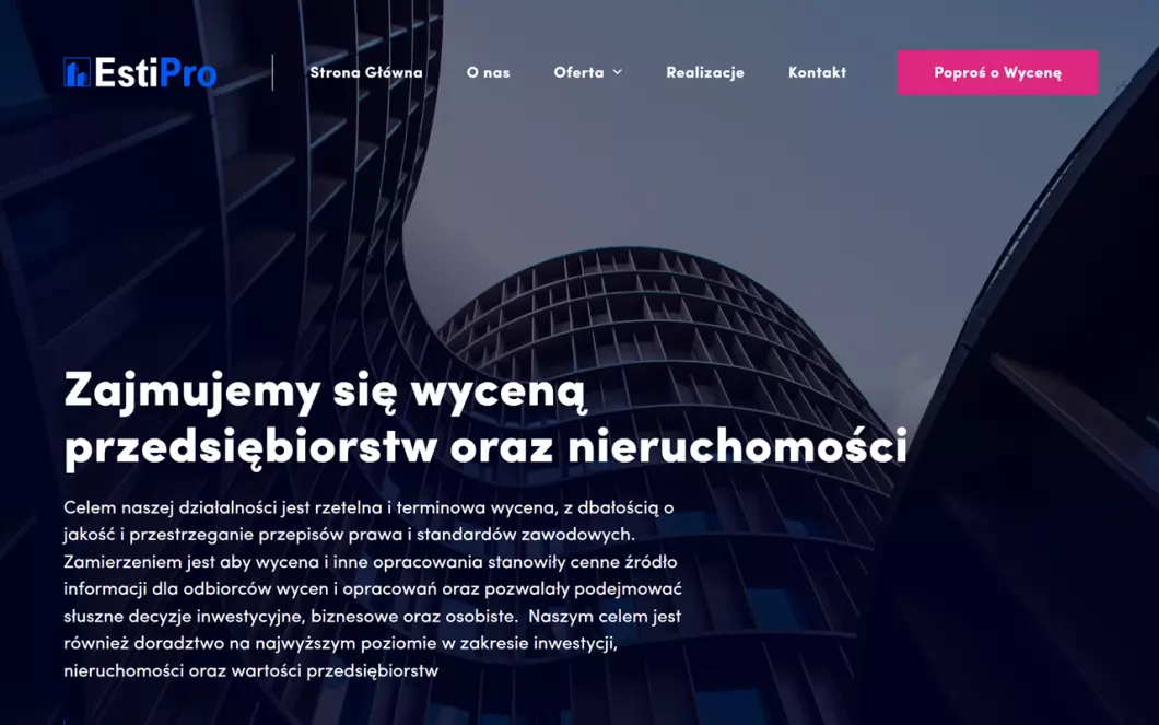 Zrzut ekranu strony internetowej firmy Wyceny nieruchomości i przedsiębiorstw | Estipro