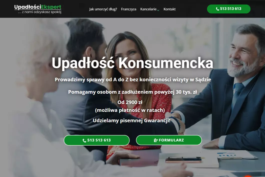 Zrzut ekranu strony internetowej firmy Upadłość Konsumencka - Upadłości Ekspert