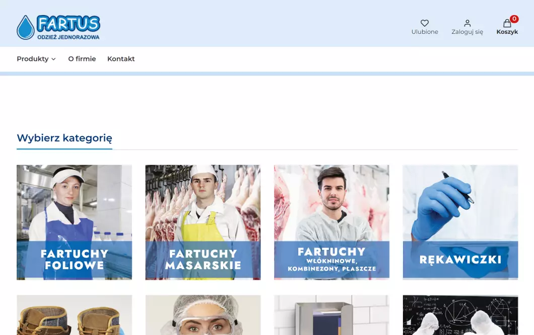 Zrzut ekranu strony internetowej firmy Fartus - Odzież jednorazowa
