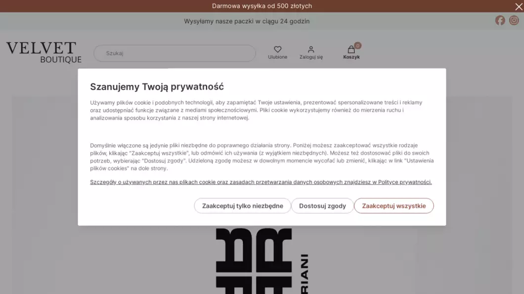 Zrzut ekranu strony internetowej firmy Velvet Boutique Premium