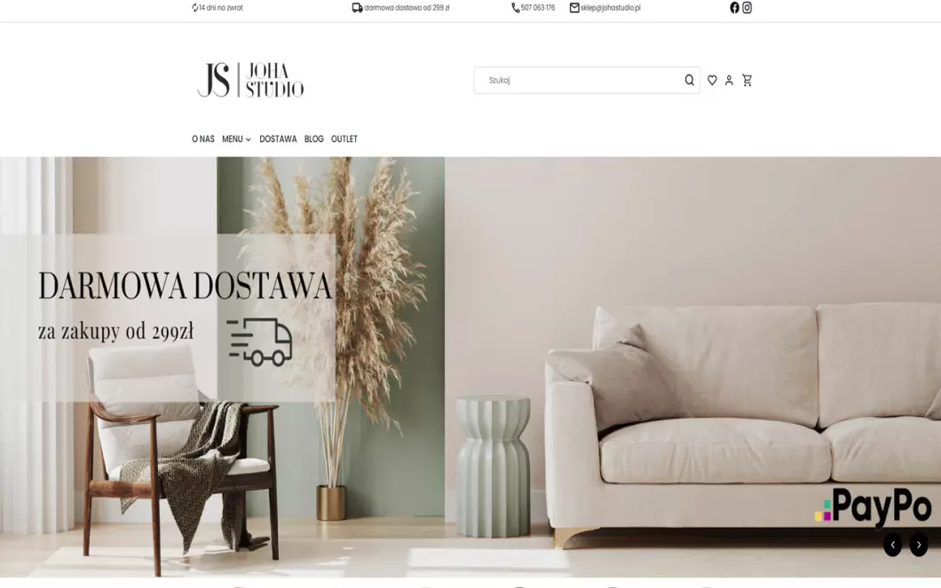 Zrzut ekranu strony internetowej firmy Uchwyty meblowe mosiężne - Joha Studio
