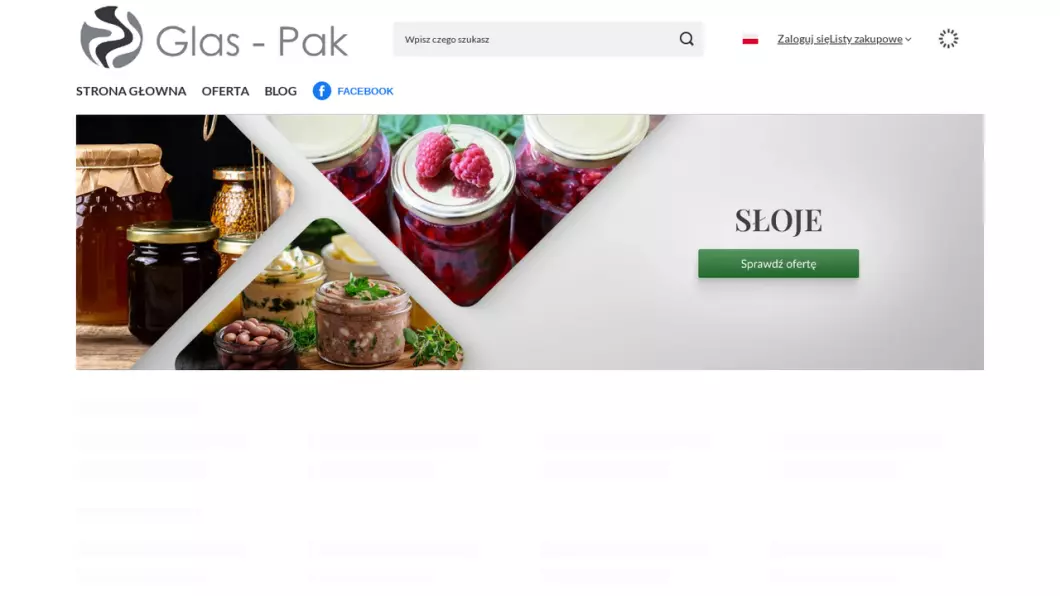 Zrzut ekranu strony internetowej firmy GLAS-PAK - Hurtownia słoików i butelek szklanych