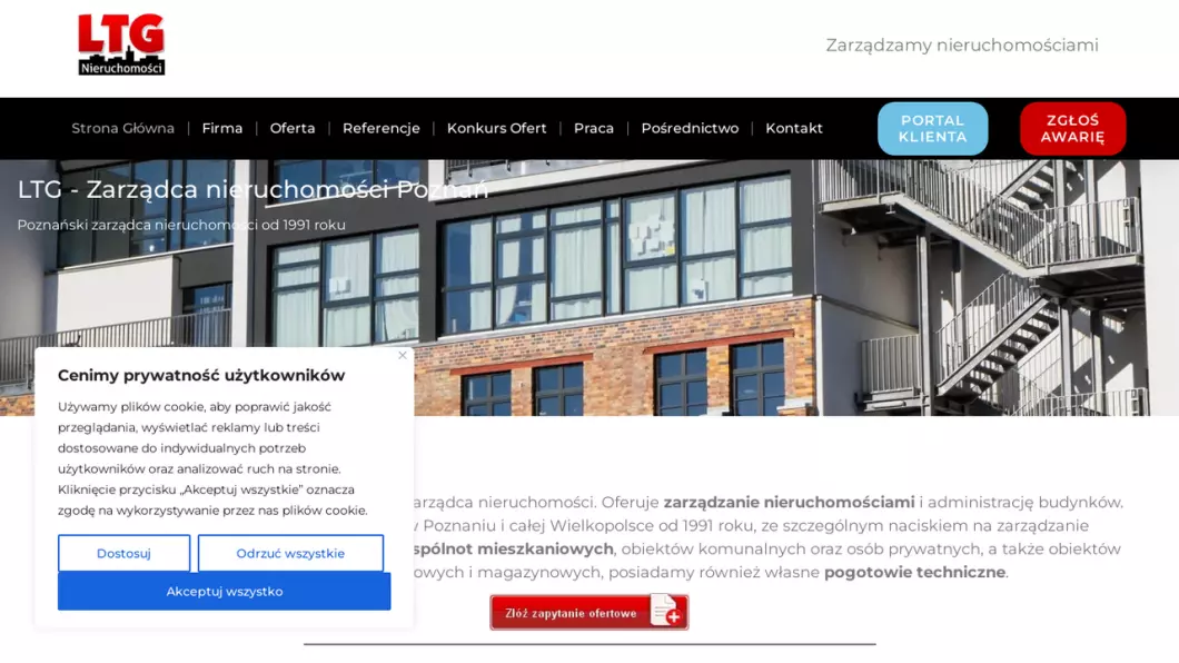 Zrzut ekranu strony internetowej firmy LTG NIERUCHOMOŚCI - zarządca nieruchomości Poznań