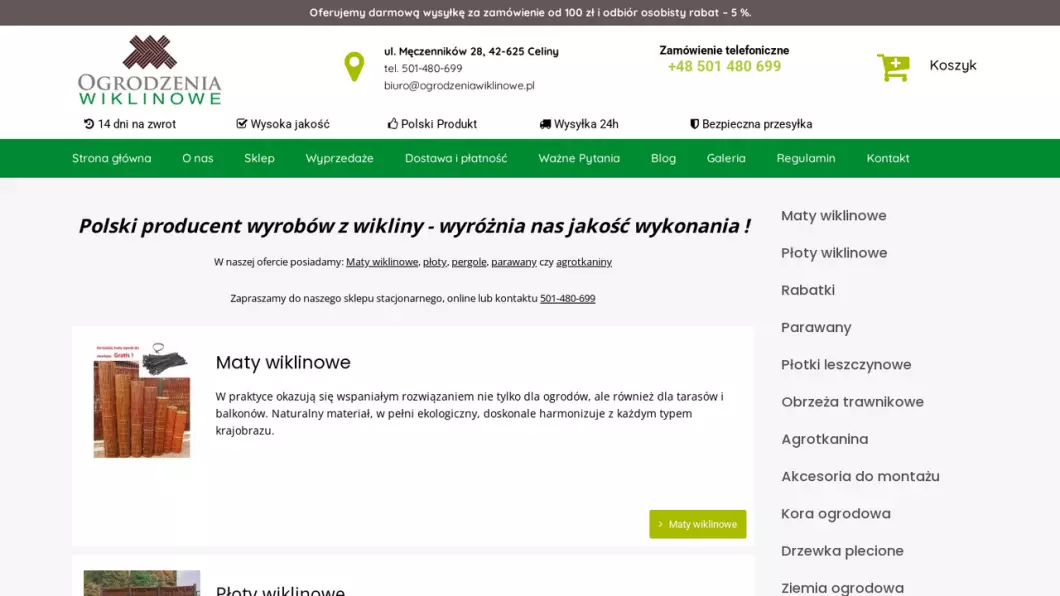 Zrzut ekranu strony internetowej firmy Ogrodzenia Wiklinowe