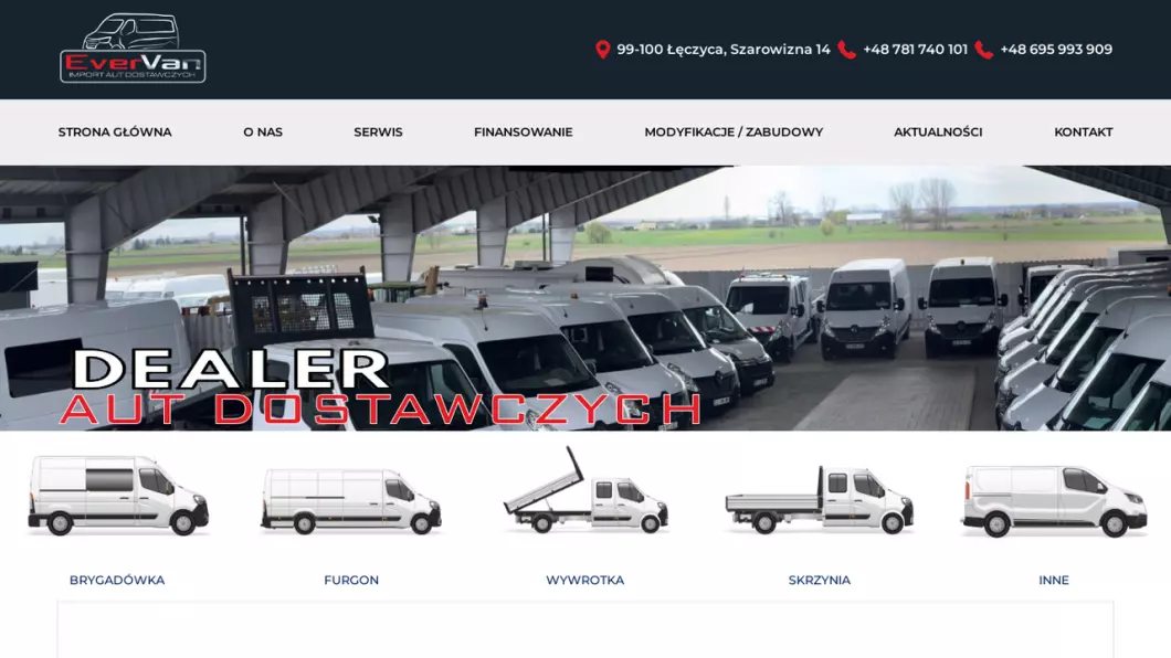 Zrzut ekranu strony internetowej firmy Import aut dostawczych - EverVan