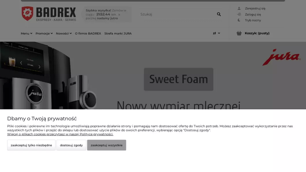 Zrzut ekranu strony internetowej firmy BADREX - Ekspresy Kawa Serwis