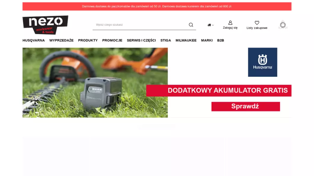 Zrzut ekranu strony internetowej firmy Husqvarna sklep - Autoryzowany dealer NEZO