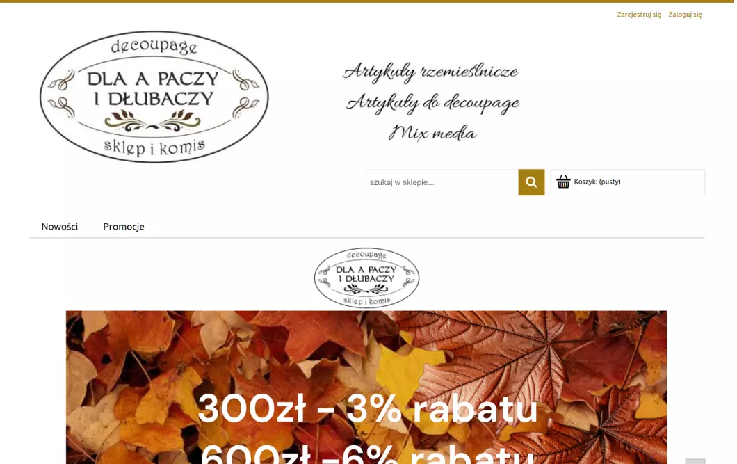 Zrzut ekranu strony internetowej firmy Artykuły artystyczne - Dla A Paczy i Dłubaczy