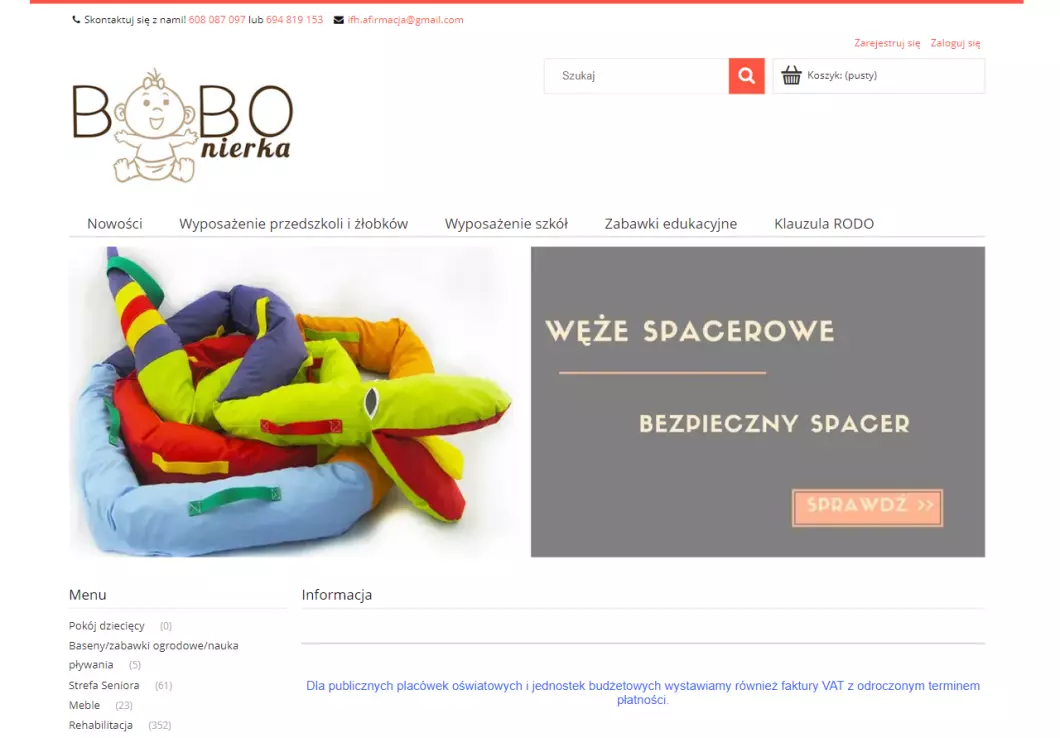 Zrzut ekranu strony internetowej firmy Bobonierka - zabawki i wyposażenie szkół, przedszkoli, żłobków