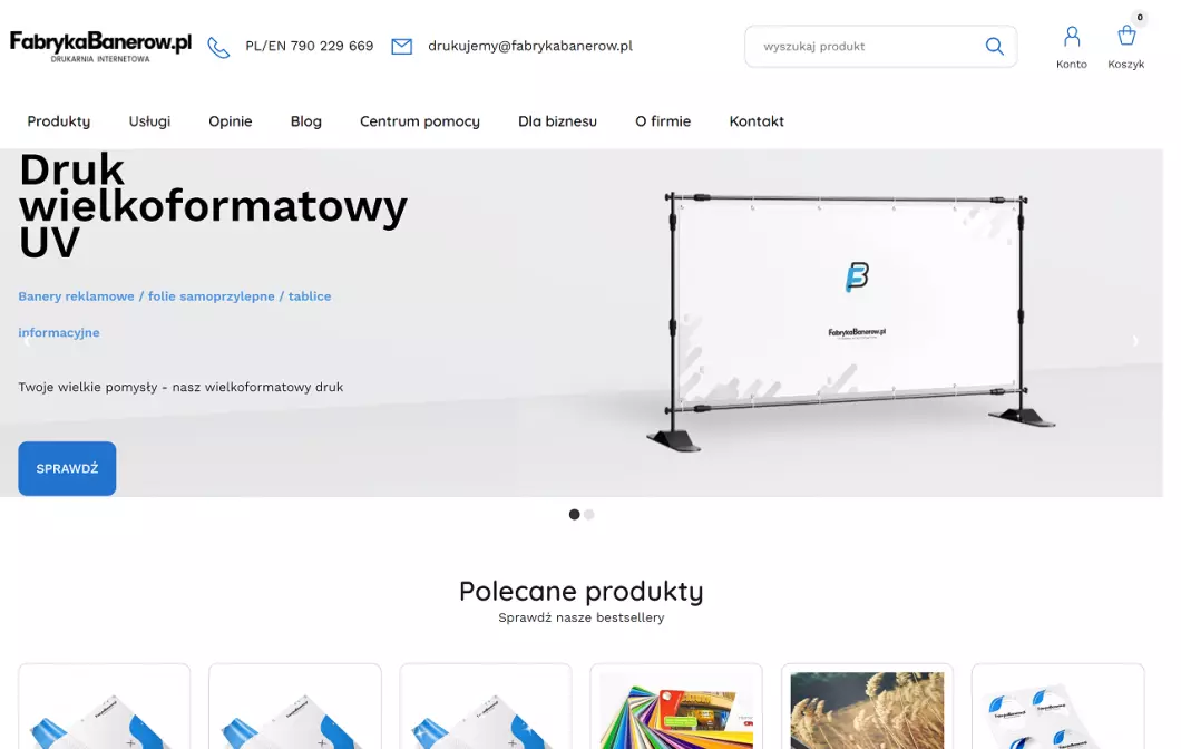 Zrzut ekranu strony internetowej firmy FabrykaBanerow.pl - drukarnia wielkoformatowa online
