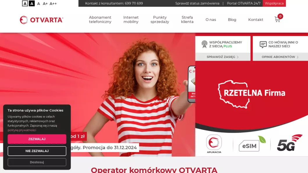 Zrzut ekranu strony internetowej firmy Operator komórkowy OTVARTA