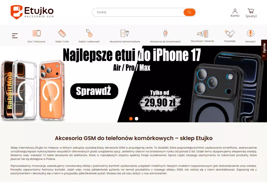 Zrzut ekranu strony internetowej firmy Sklep GSM Etujko