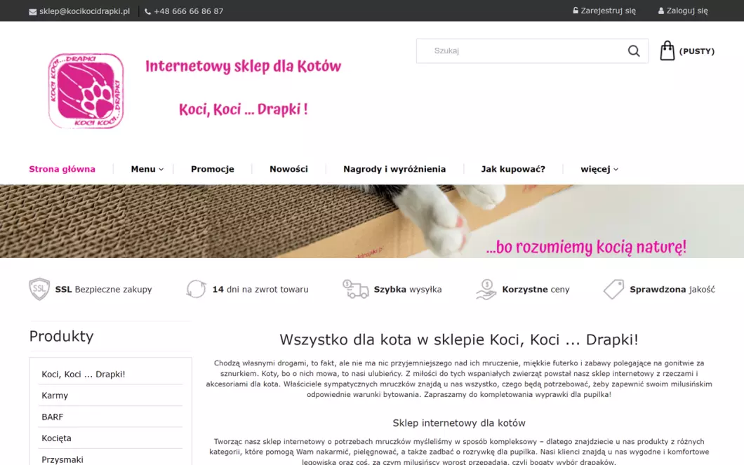 Zrzut ekranu strony internetowej firmy Koci, Koci ... Drapki!