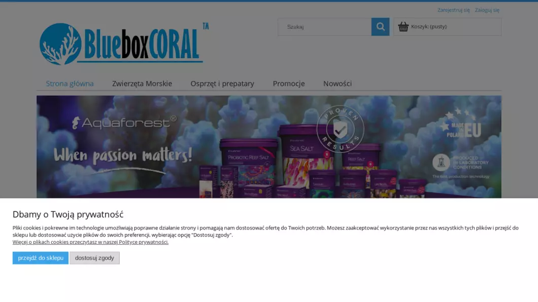 Zrzut ekranu strony internetowej firmy Akwarystyka morska BlueBoxCoral