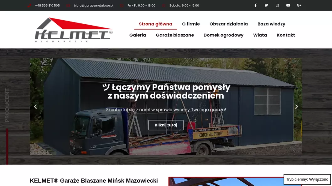 Zrzut ekranu strony internetowej firmy Kelmet Garaże Blaszane