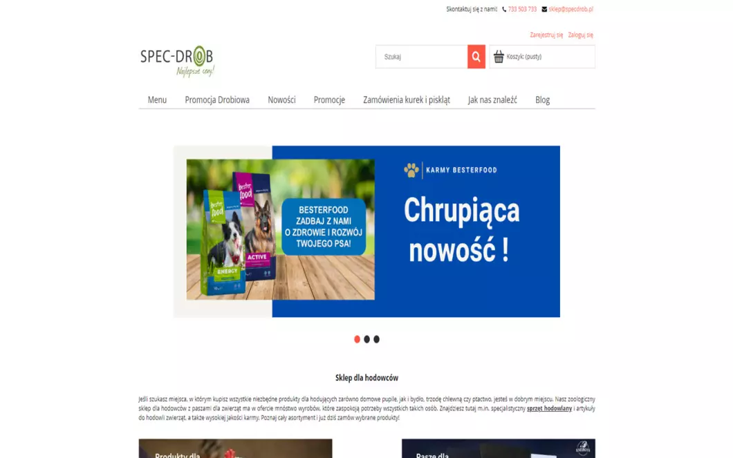 Zrzut ekranu strony internetowej firmy Spec-Drob - sklep dla hodowców