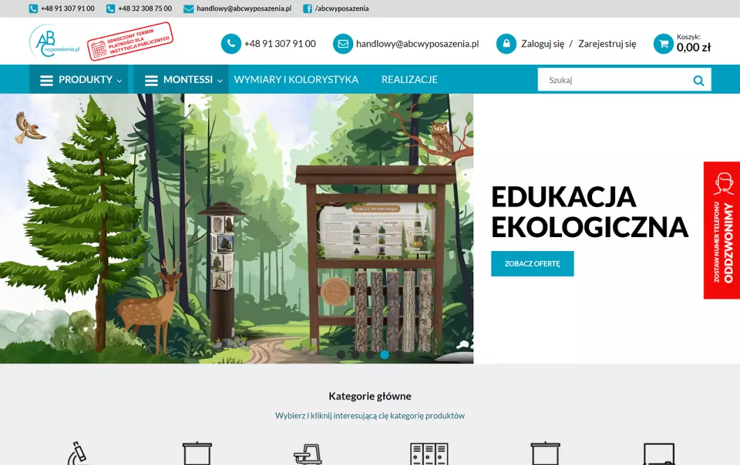 Zrzut ekranu strony internetowej firmy Wyposażenie szkół - ABC Wyposażenia